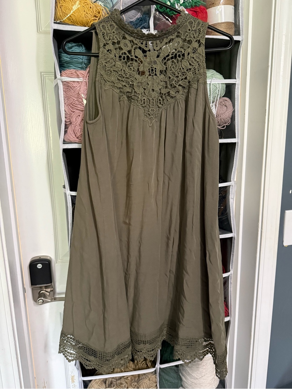 Women's Olive Green Midi Dress with Lace neckline and bottom hem